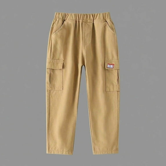 fnnxnal Big Boys Cargo Pants 7T Khaki - 100% Cotton, Elastic Waist & Multi-Pocket, Durable for School & Outdoor Play