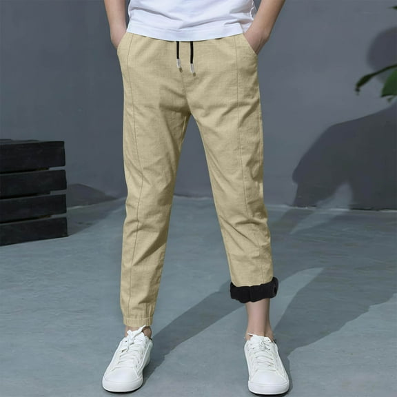 fnnxnal Big Boys' Fleece Lined Jogger Pants - 7T Size, Khaki Color, Warm Polyester with Adjustable Drawstring for Cooler Days & School