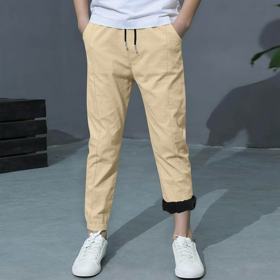 fnnxnal Big Boys Warm Fleece Lined Jogger Pants - Polyester 8T Beige, Adjustable Waist Elastic Cuffs, Casual for Cool Days/Playtime/School