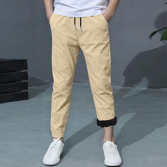 FAIOROI Big Boys Warm Fleece Lined Jogger Pants - Polyester 8T Beige, Adjustable Waist Elastic Cuffs, Casual for Cool Days/Playtime/School