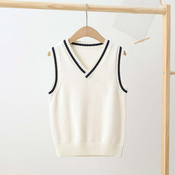 fnnxnal Big Boys' White Knit Cotton Vest - 11-12T Preppy V-Neck with Trim, School Uniform Layering, Durable Soft Breathable for Pre-Teen Daily Wear