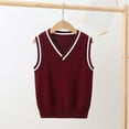 thumbnail image 1 of fnnxnal Big Boys' Wine Knit Cotton Vest - 11-12T Preppy V-Neck with Contrast Trim, Sleeveless School Uniform, Versatile Layering, Soft Breathable, 1 of 6