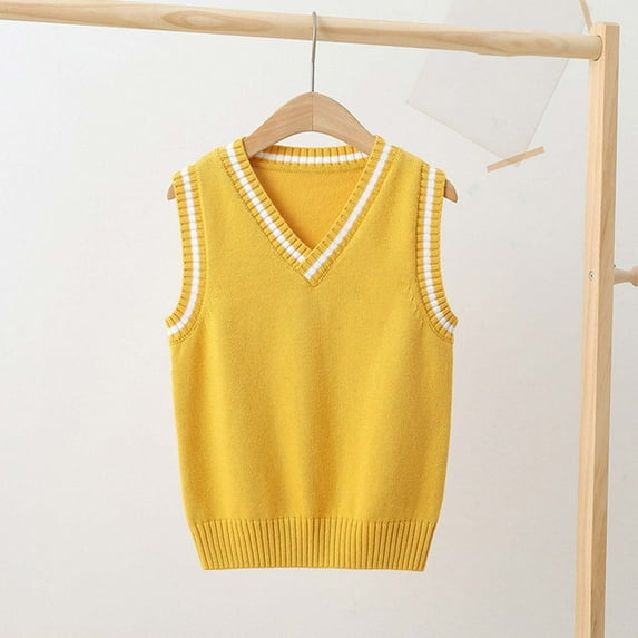 fnnxnal Big Boys' Yellow Knit Cotton Vest - 13-14T, Preppy V-Neck Sleeveless, Breathable School Uniform Layering, Vintage Casual Wear for Active Kids
