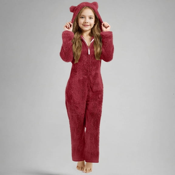 fnnxnal Big Girls 11T Wine Plush Hooded Jumpsuit - Animal Ear Full Zip Soft Warm, Ideal for Loungewear Dress-Up & Casual Wear