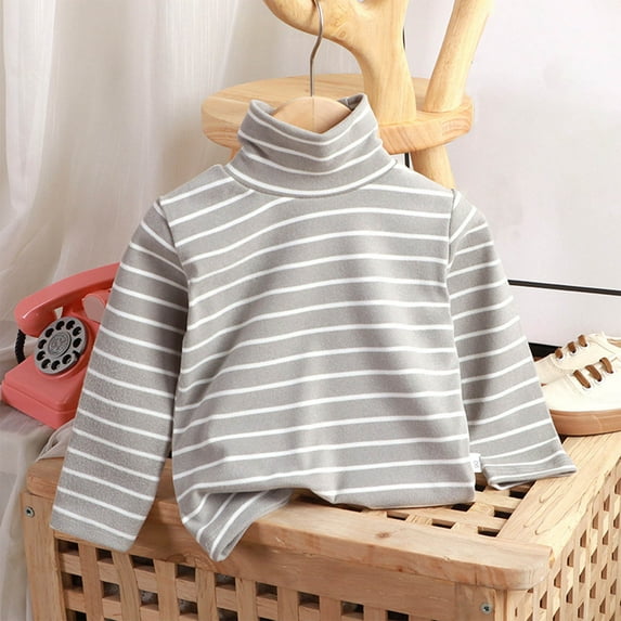 fnnxnal Big Girls 7-8T Gray Cotton Turtleneck Shirt - Striped Long Sleeve, Hypoallergenic Soft for School & Everyday Wear