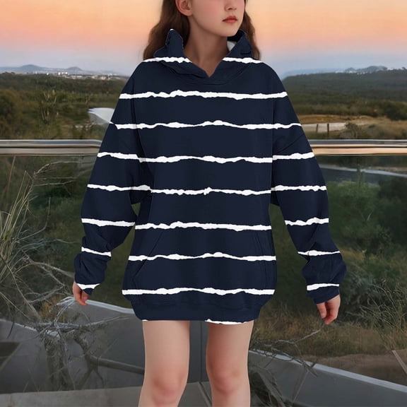 FAIOROI Big Girls 7-8T Striped Oversized Pullover Hoodie - Black | Durable Polyester Spandex for Everyday Wear