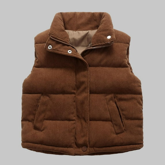 fnnxnal Big Girls 7T Coffee Cotton Puffer Vest - Warm, Stand-Up Collar, Pockets for Fall Winter