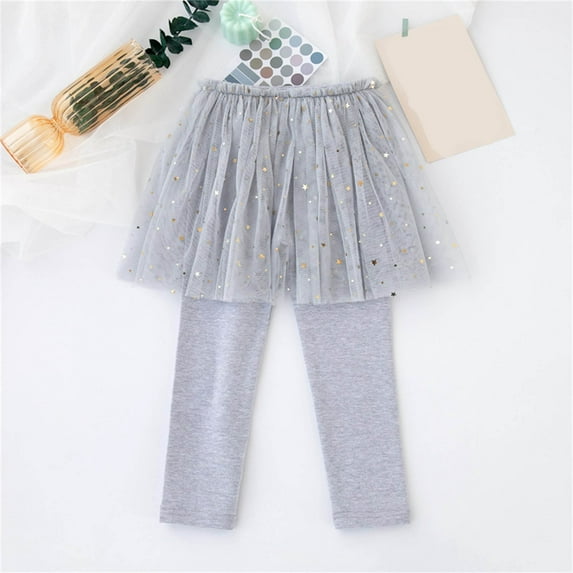 fnnxnal Big Girls' 7T Gray Skirted Leggings - 2-in-1 Layered Tulle Skirt with Sparkle Stars Moons, Elastic Waist, 100% Polyester for Daily/Party Use