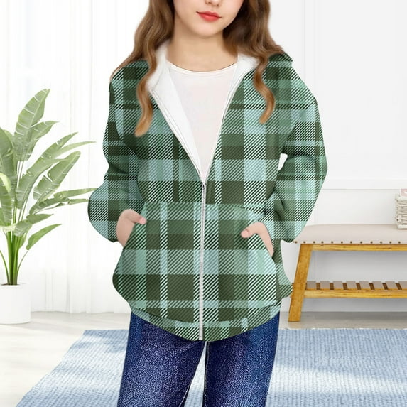 fnnxnal Big Girls 8T Green Plaid Zip-Up Hooded Jacket - Spring Fall Polyester Outerwear, Machine Washable for Kids
