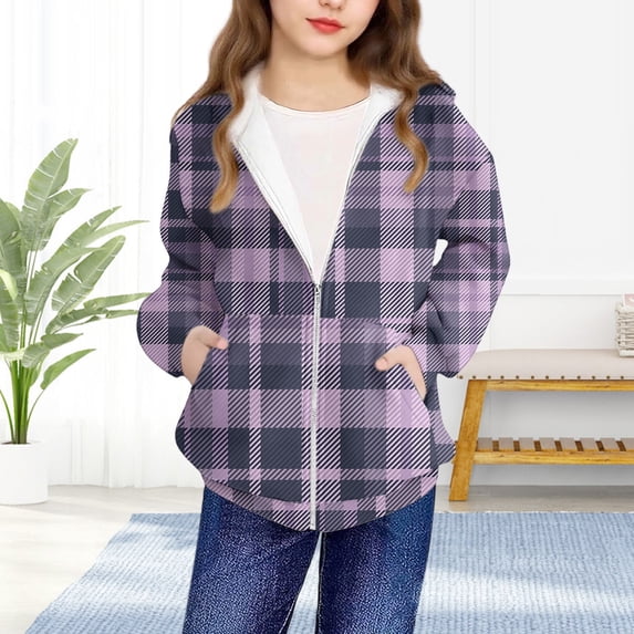 FAIOROI Big Girls 8T Purple Plaid Zip-Up Jacket - Hooded, Machine Washable, Great for Spring Fall Outdoor Play