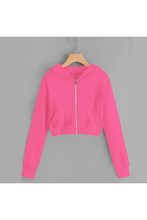 Big Girls 9-10T Hot Pink Cropped Zip-Up Hoodie, 100% Polyester Soft Easy-Care Light Layer for Casual Weekend/Home