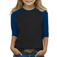 thumbnail image 1 of fnnxnal Big Girls 9T Blue Baseball Tee - Color Block 3/4 Sleeve, Polyester Spandex, Machine Washable Durable Kids Everyday Shirt, 1 of 6