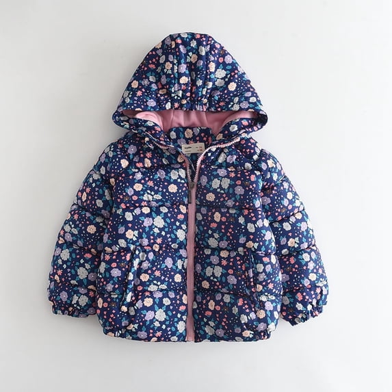 FAIOROI Big Girls 9T Dark Blue Floral Puffer Jacket - Warm Quilted Fall Winter Coat with Hood, Side Pockets & Nylon-Spandex Fabric