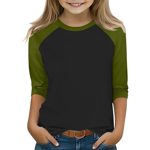 FAIOROI Big Girls 9T Green Raglan Sleeve Long Sleeve Tee - Soft Stretchy Machine Washable School Casual Kids Top