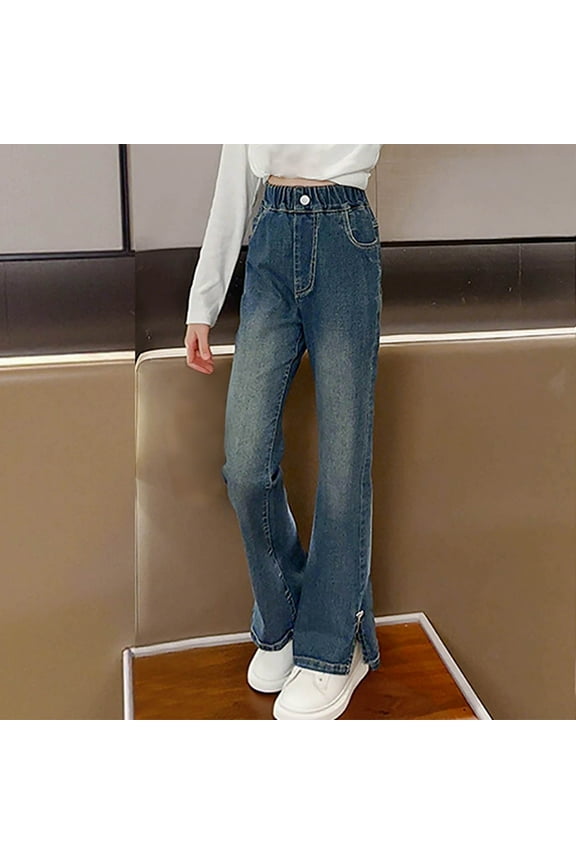 Big Girls' Blue Flared Denim Jeans - 7T, Elastic Waist with Button, Side Zippers, Durable for School & Play