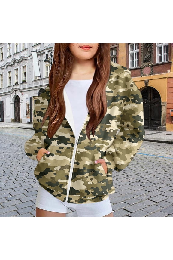 Big Girls Camo Jacket 8T, Army Green - 100% Polyester Full Zip, Durable Easy Care for Outdoor Play