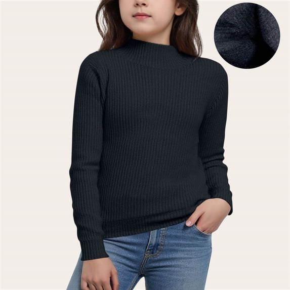 FAIOROI Big Girls Cotton Knit Sweater, 7T Black, Mock Neck Ribbed - Soft Durable, Fall Daily Wear, Gentle on Sensitive Skin, Breathable
