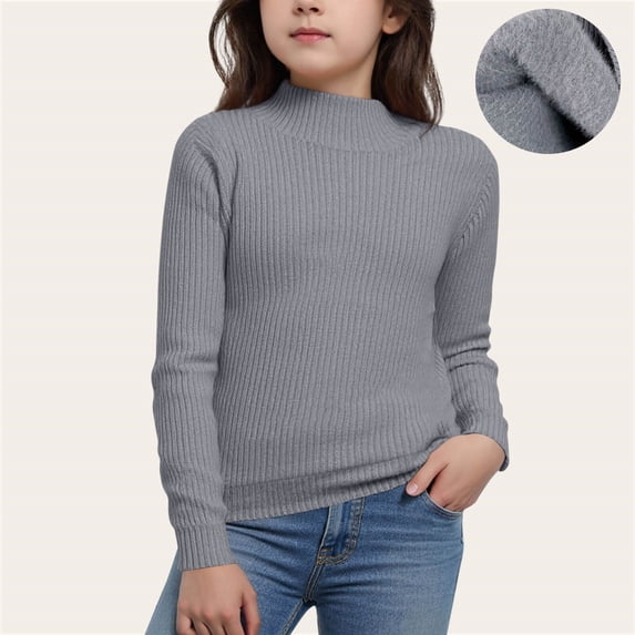 FAIOROI Big Girls Cotton Knit Sweater 9T Gray - Mock Neck Ribbed, Warm for Fall/Winter, School & Casual, Soft & Durable