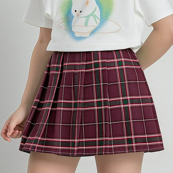 fnnxnal Big Girls Cotton Plaid Pleated Skirt & Bow Tie Set, 7T Wine - Elastic Waist, School Uniform & Casual Wear