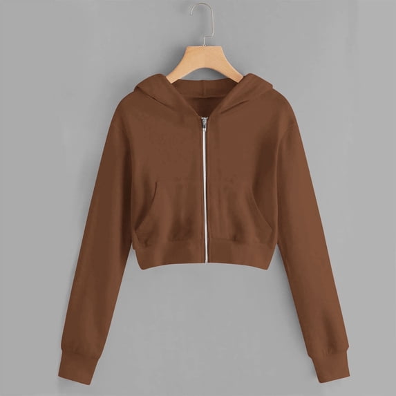 FAIOROI Big Girls Cropped Zip-Up Hoodie - 100% Polyester Soft Easy-Care, 7-8T Brown, with Kangaroo Pockets & Ribbed Cuffs