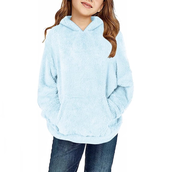 FAIOROI Big Girls Fuzzy Hooded Sweatshirt - Light Blue, 7-8T, 100% Polyester Ultra-Soft, Lightweight Warm, Kangaroo Pocket, Machine Washable for Fall/Winter