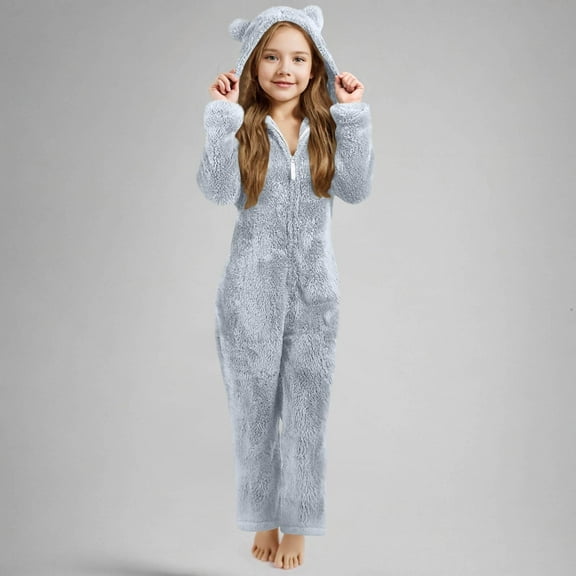 Trupants Big Girls' Gray Plush Animal Ear Hooded Jumpsuit - 9T, Full Zip, Cozy Loungewear & Sleepwear for 9-Year-Old Girls