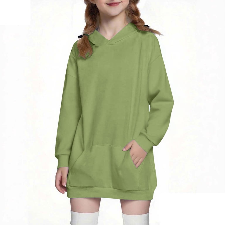 fnnxnal Big Girls' Hooded Sweatshirt Dress - 7T Green, Mid-Length with  Pockets, Loose Fit, 100% Polyester Durable & Easy Care - Walmart.com