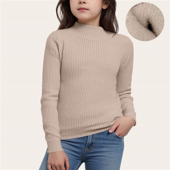 FAIOROI Big Girls Mock Neck Cotton Knit Sweater - Beige, 7T - Soft, Breathable for Fall & Daily Wear