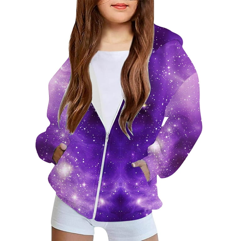 Trupants Big Girls Purple Galaxy Hoodie 7T Full Zip with Pockets