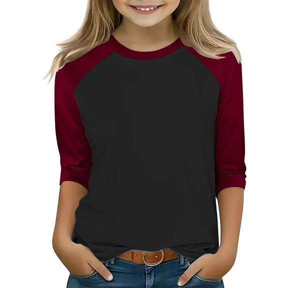 fnnxnal Big Girls Raglan Sleeve Long Sleeve Shirt - Wine Color, 7T Size, Polyester Spandex Blend, Stretchy Machine Washable for Everyday Play & School