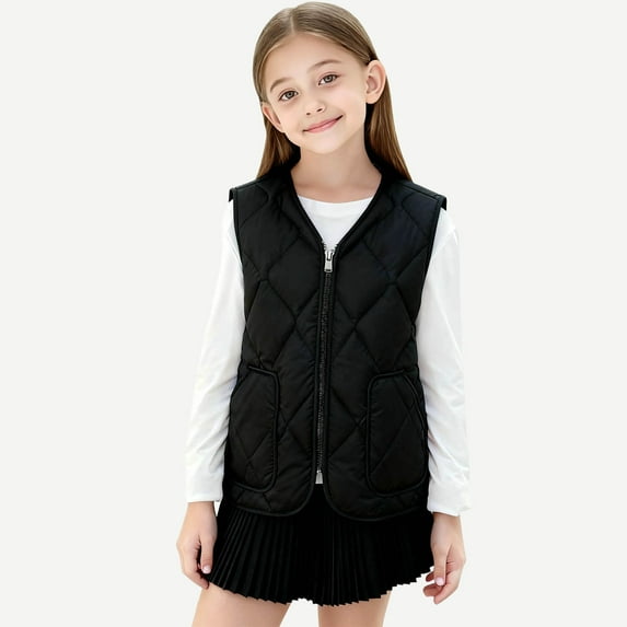 fnnxnal Big Girls Toddler Black Quilted Vest - Nylon Spandex Warm Lightweight, Sleeveless with Zipper & Pockets, Size 110-160 for 4-12Y Kids, Great for School/Daily Wear,Size 9-10T