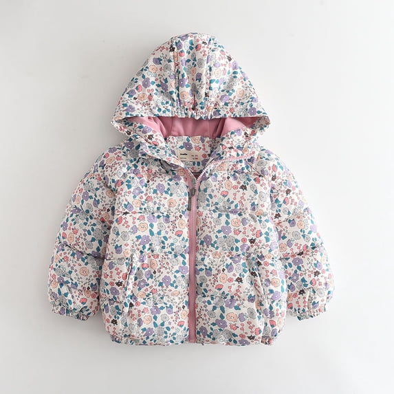 FAIOROI Big Girls White Floral Puffer Jacket - 9T, Warm Quilted Hooded Design with Full-Zip & Side Pockets, Perfect for Fall Winter Cold Weather, Walmart Kids Outerwear