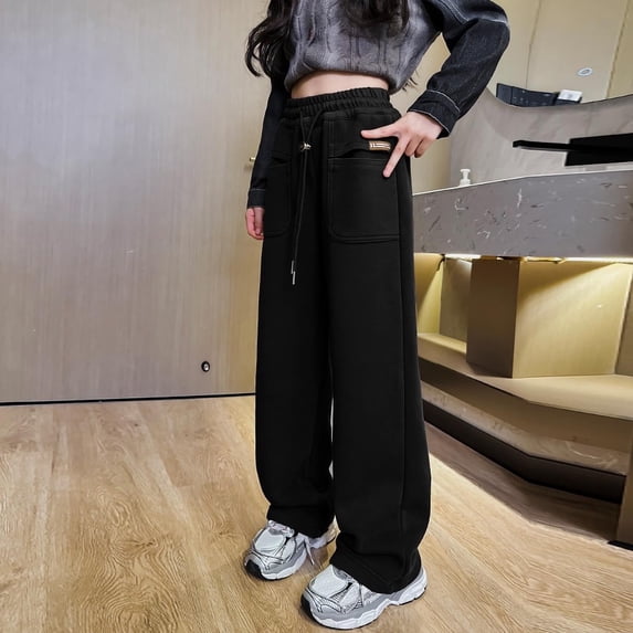 FAIOROI Big Girls' Wide Leg Pants 13T Black - 100% Polyester, Elastic Waist with Drawstring, Big Pockets, Lightweight Breathable for School & Play