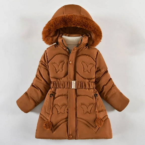 fnnxnal Big Girls' Winter Coat 9-10T Brown - Cotton Warm Hooded Jacket with Fuzzy Trim, Belted Waist & Butterfly Quilted Pom Pom
