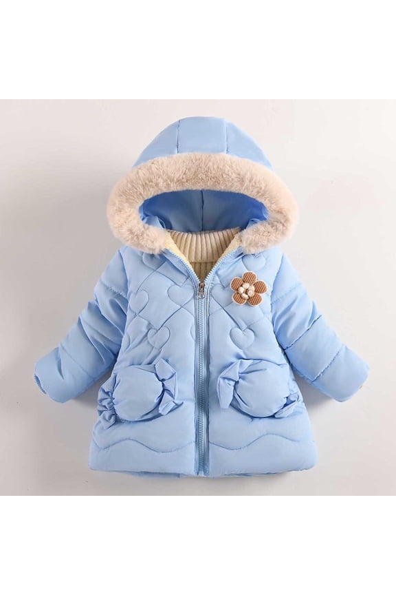 Blue 4T Toddler Winter Coat - Quilted Warm Jacket with Full Zip, Faux Fur Hood, Flower Appliqué & Bow Pockets, Nylon Spandex