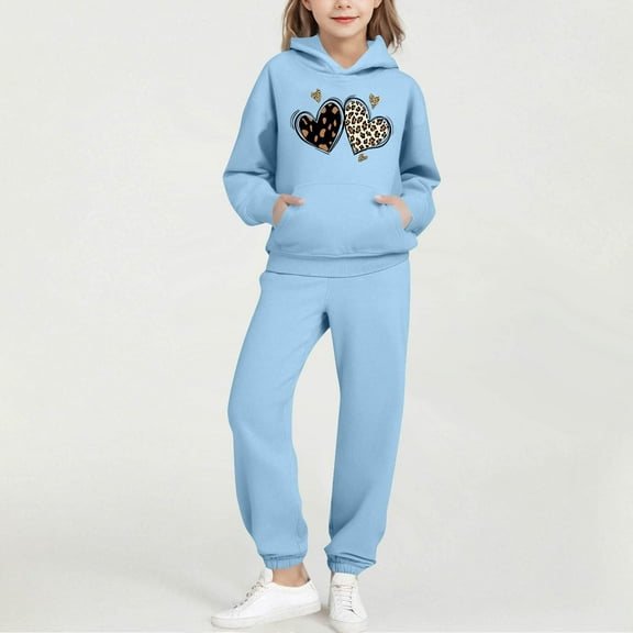 fnnxnal Blue Girls Tracksuit Set - Kids 2-13Y Soft Polyester Hoodie & Jogger Pants, Casual Sport Outfit with Leopard Heart Graphic for Daily Wear,Size 9 T