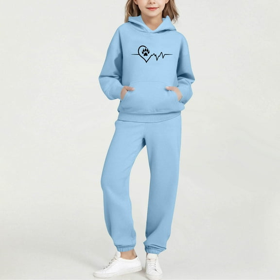 fnnxnal Blue Girls' Tracksuit Set - Soft 100% Polyester Hoodie & Joggers with Heart Paw Print, Comfortable Activewear for Kids Ages 2-13,Size 9 T