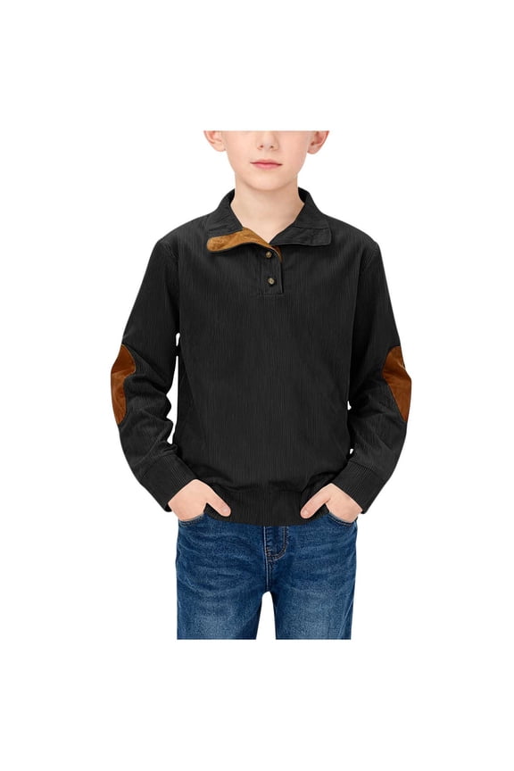 Boys Vintage Black Corduroy Long Sleeve Shirt - Elbow Patches, 98% Cotton 2% Spandex, Comfortable Casual Top for Kids 5-15 Years,Size 14-15 T