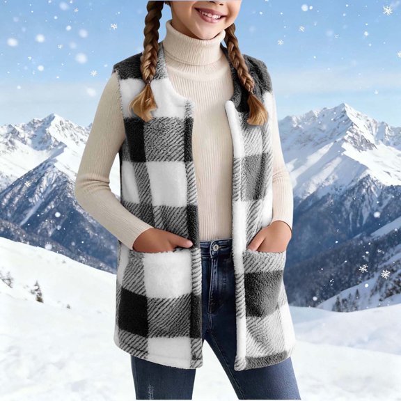 FAIOROI Child Black Plaid Fuzzy Fleece Vest - Warm Kids Open-Front Layering Vest for Fall Winter,Size 5-6T