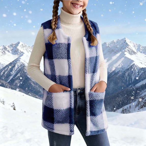 FAIOROI Child Warm Blue Plaid Fuzzy Vest - Soft Fleece Kids Open-Front Layering Vest for Fall,Size 7-8T
