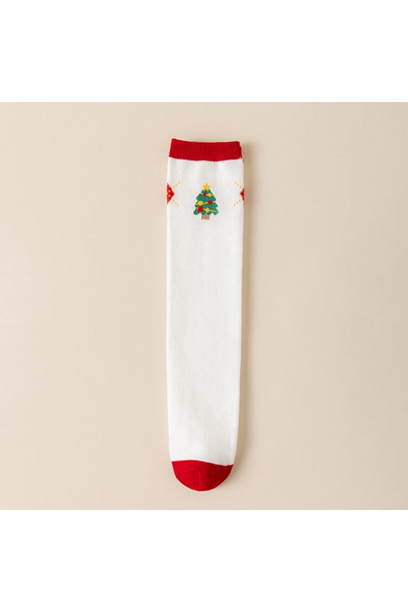 Christmas Tree Knee High Socks for Juniors - Cotton Soft Breathable, White Free Size, Festive Holiday Design with Non-Slip Ribbed Cuff