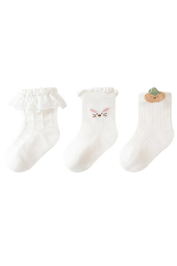 Cotton Baby Socks 3 Pack for Juniors - Size XS, White, Soft Hypoallergenic with Lace Ruffled/Bunny Embroidered/Pumpkin Applique, CPSIA Compliant