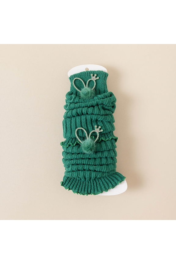 Cotton Leg Warmers for Juniors - Green, Soft Breathable, with Rhinestone Bunny Ears & Pom Poms, Festive Christmas Slouchy Kids Leg Warmers