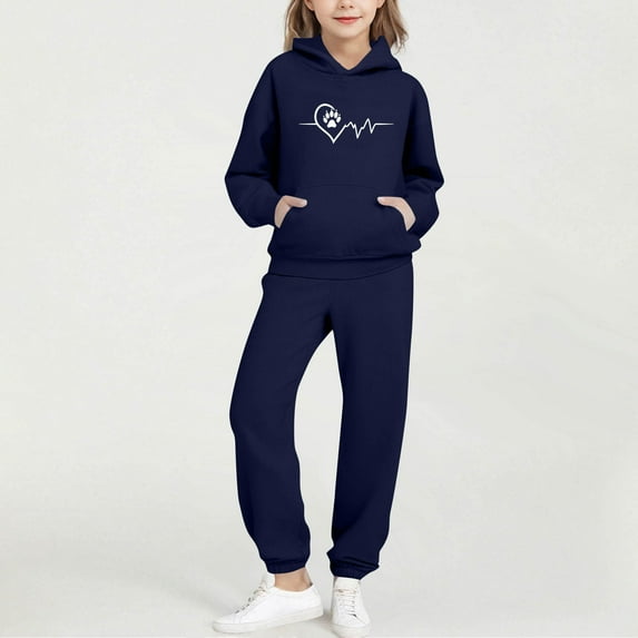 fnnxnal Dark Blue Girls' Tracksuit Set - Soft 100% Polyester Hoodie & Joggers with Heart Paw Print, Kids Activewear for Ages 2-13, Comfortable Playwear,Size 4 T