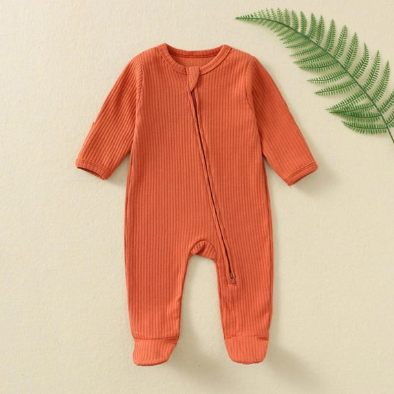 fnnxnal Easy Diaper Change Baby Onesie - 100% Cotton, Footed Full-Zipper, Hypoallergenic, 9 Months, Orange, Newborn