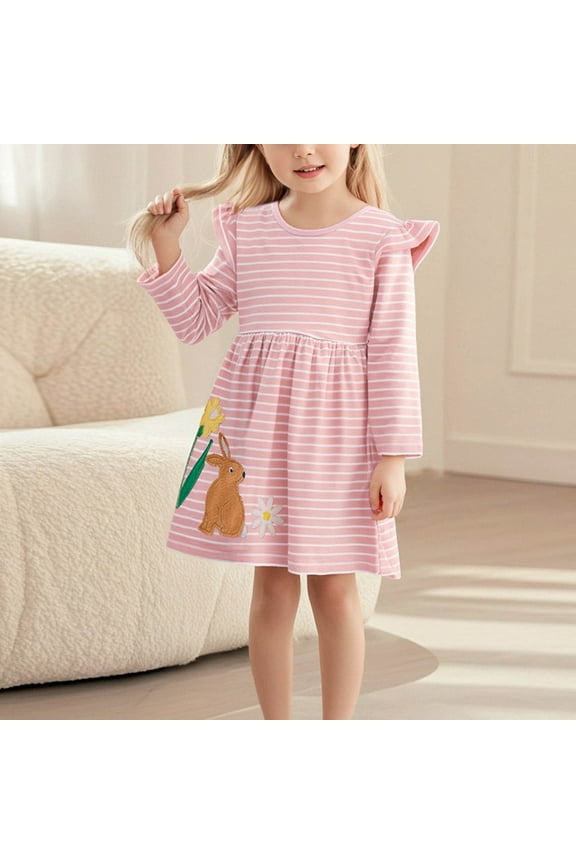 Everyday Girls Dress 6 Years Old - 100% Cotton Pink Juniors Dress with Bunny Embroidery, Ruffled Shoulder for Easter & School