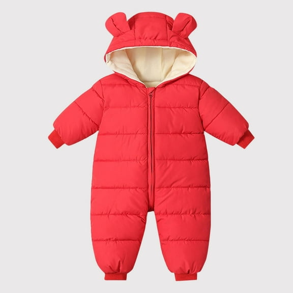 fnnxnal Girl's Red Winter Snowsuit - 0-2Y Kids Warm Puffer One-Piece Jumpsuit with Bear Ears, Full-Zip & Quilted Lining for Outdoor/Daily Use,Size 2 T