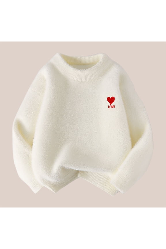 Girls 5T White Knit Cotton Sweater, Soft Crew Neck with Red Heart LOVE Embroidery, Loose Fit for Daily Wear & School