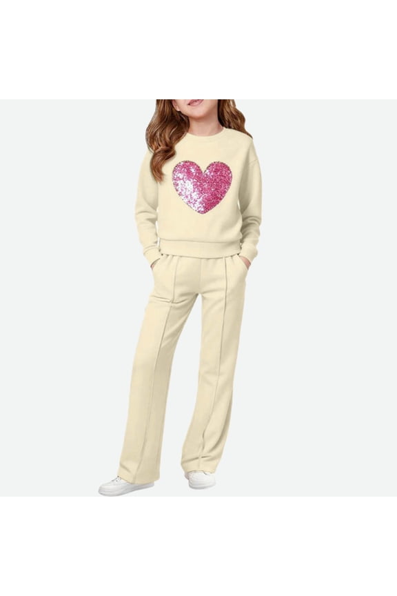 Girls' Beige Sequin Heart Tracksuit Set 6-12Y, Nylon Spandex 2-Piece (Top+Pants) for School/Daily Wear, Sizes 130-170,Size 14-15T
