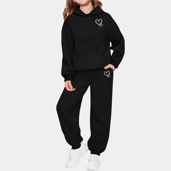 fnnxnal Girls Black Matching Hoodie & Pants Set - Soft Warm 100% Polyester Double Heart Print Outfit for Kids 3-12 Years,Size 9-10T